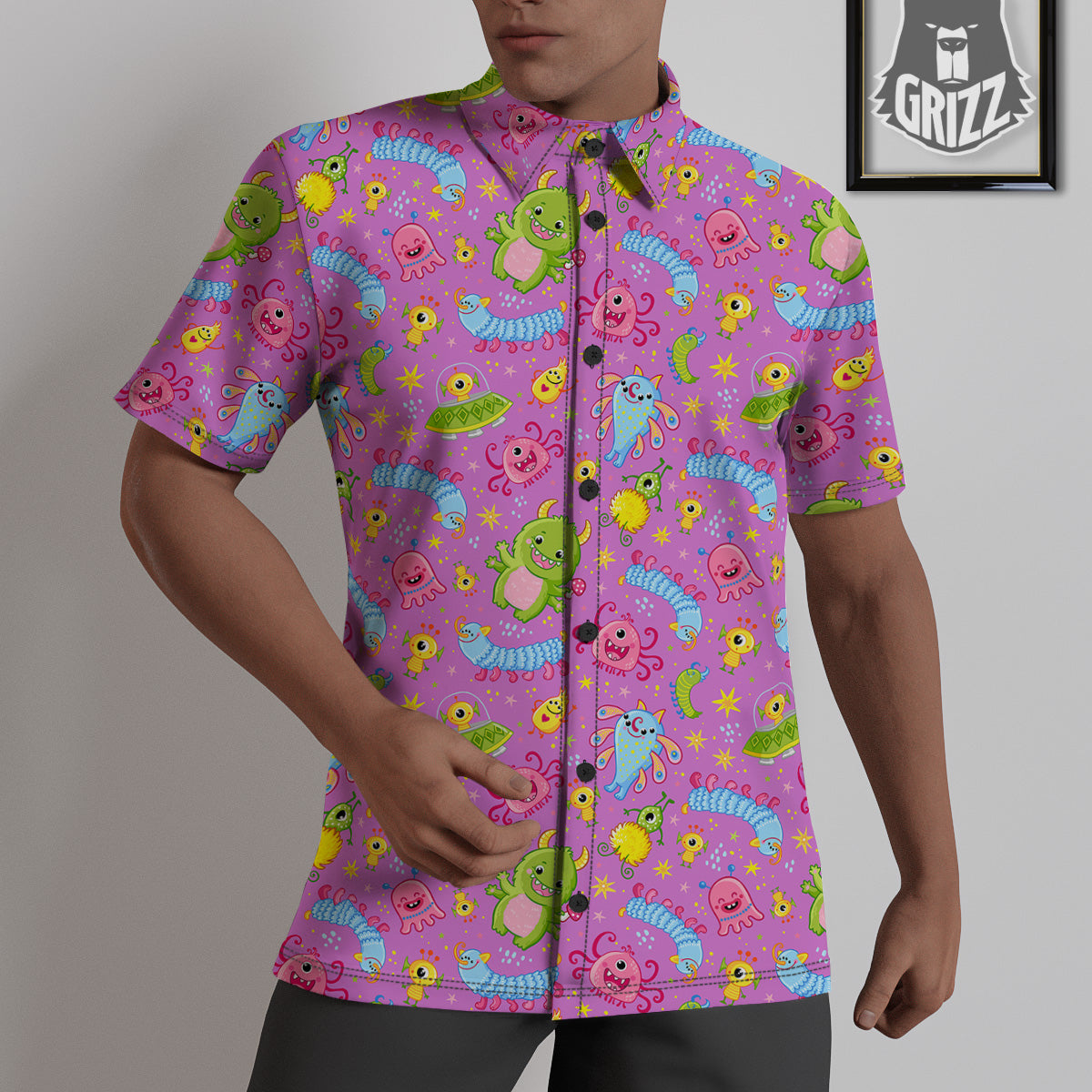 Pink Alien And Cute Monsters Print Pattern Untucked Shirts-grizzshop