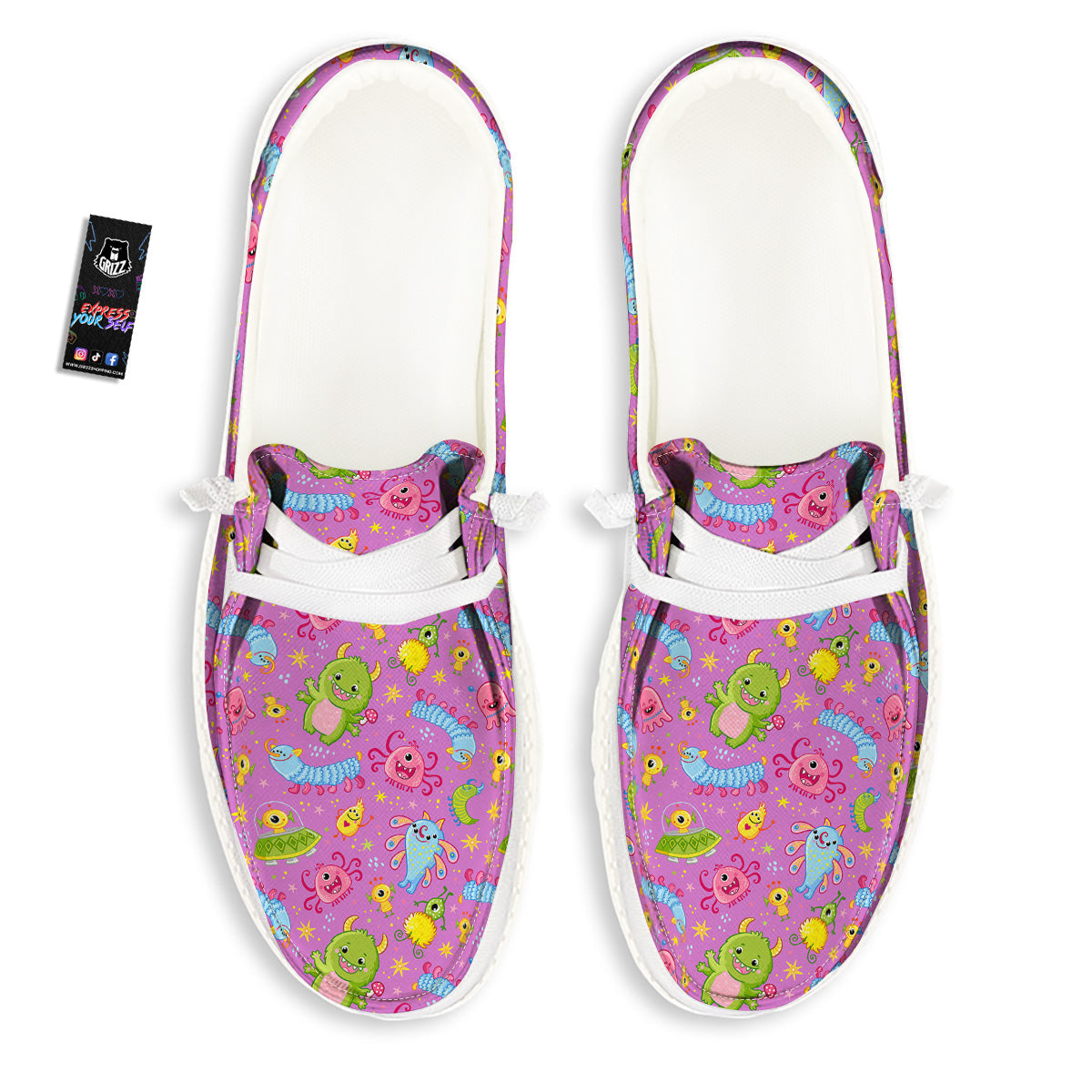 Pink Alien And Cute Monsters Print Pattern White Loafers-grizzshop
