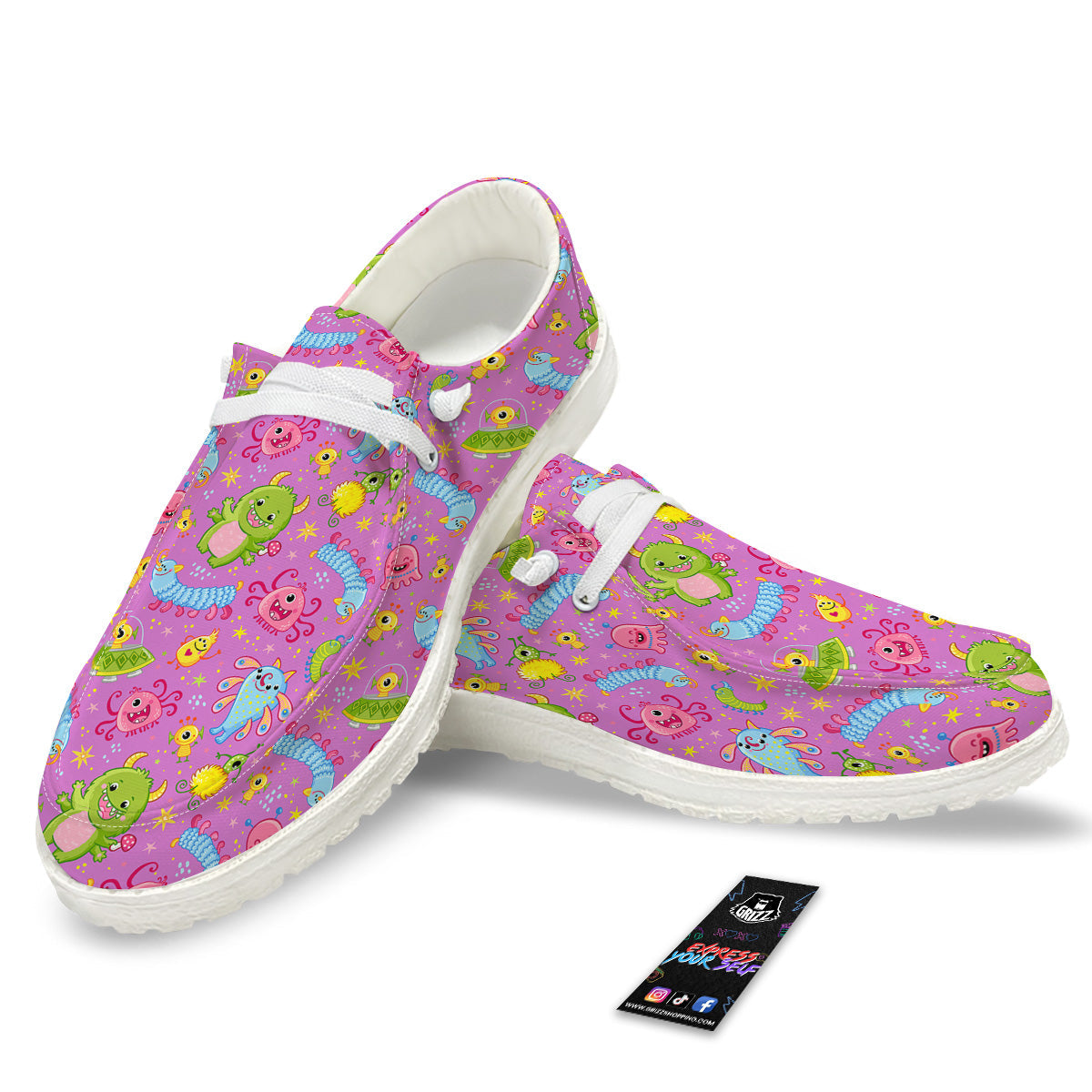 Pink Alien And Cute Monsters Print Pattern White Loafers-grizzshop