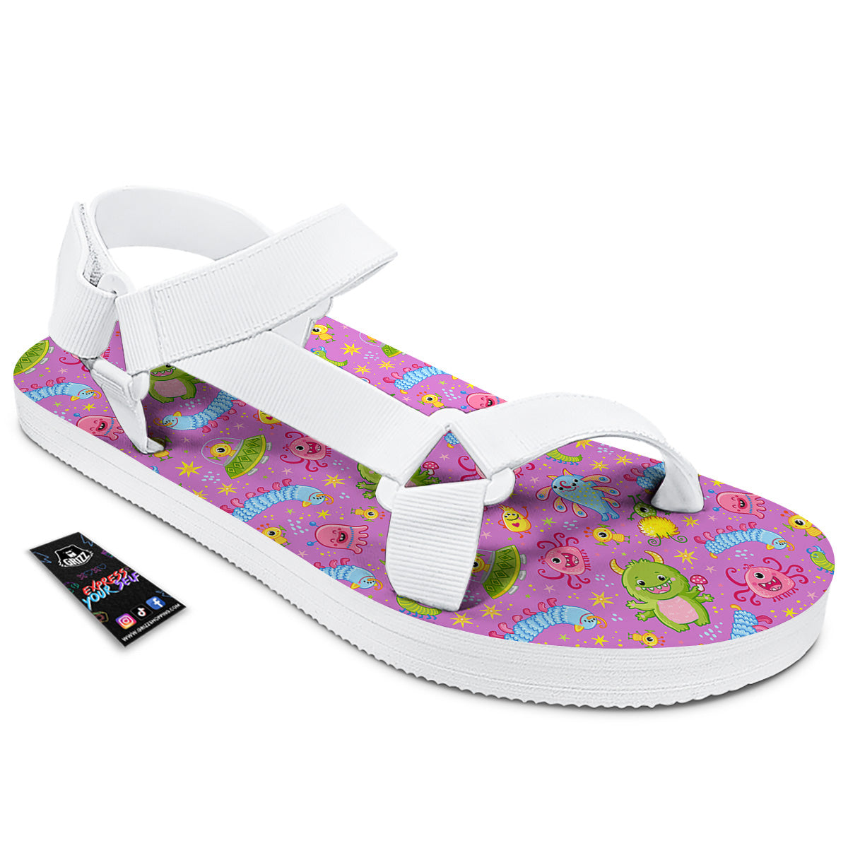 Pink Alien And Cute Monsters Print Pattern White Open Toe Sandals-grizzshop