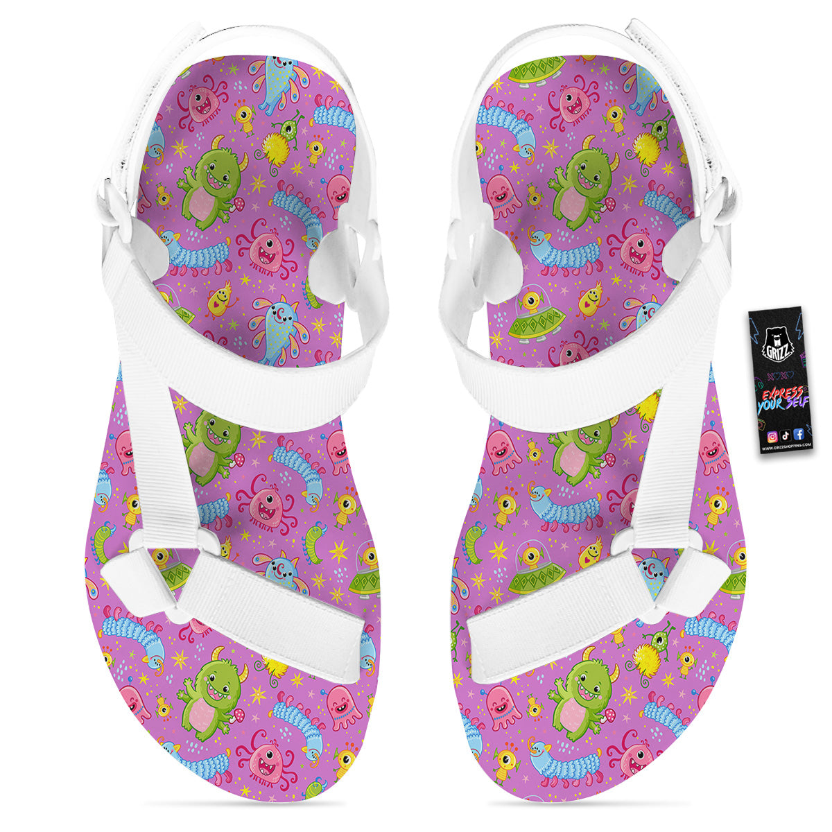 Pink Alien And Cute Monsters Print Pattern White Open Toe Sandals-grizzshop