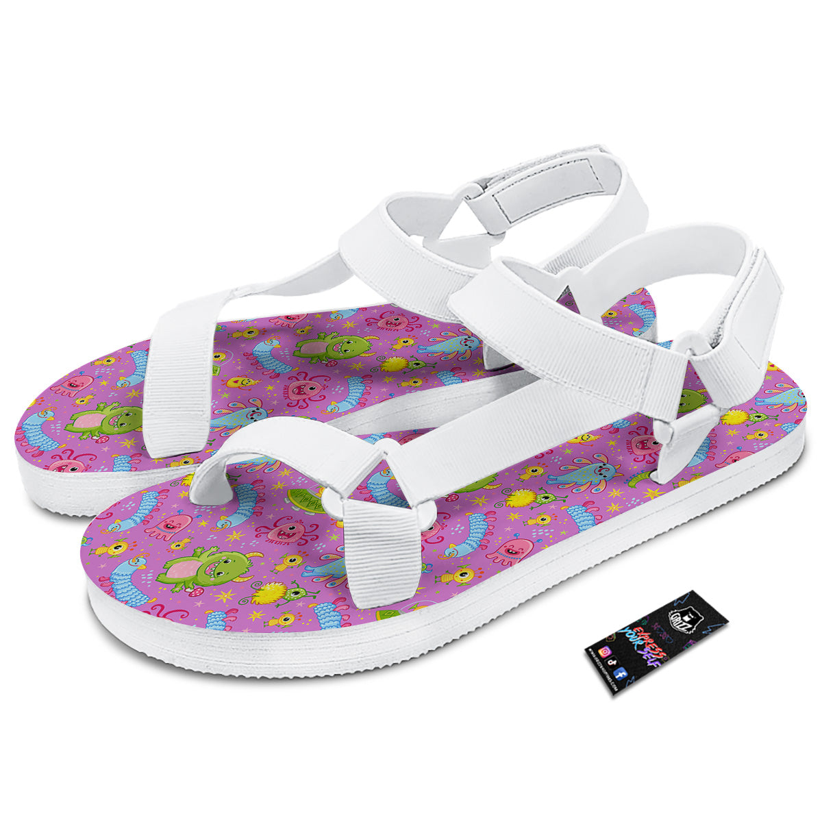 Pink Alien And Cute Monsters Print Pattern White Open Toe Sandals-grizzshop