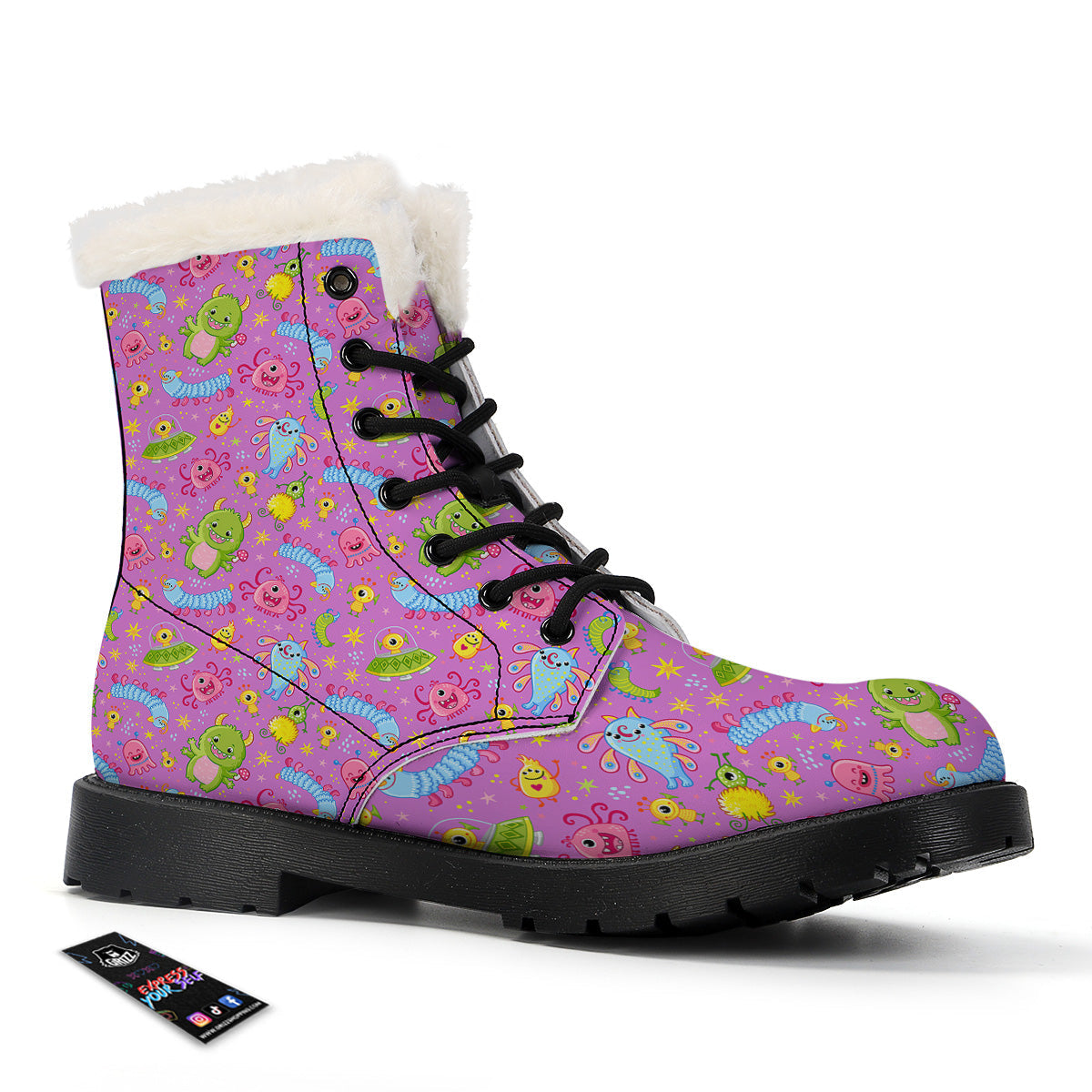 Pink Alien And Cute Monsters Print Pattern Winter Boots-grizzshop