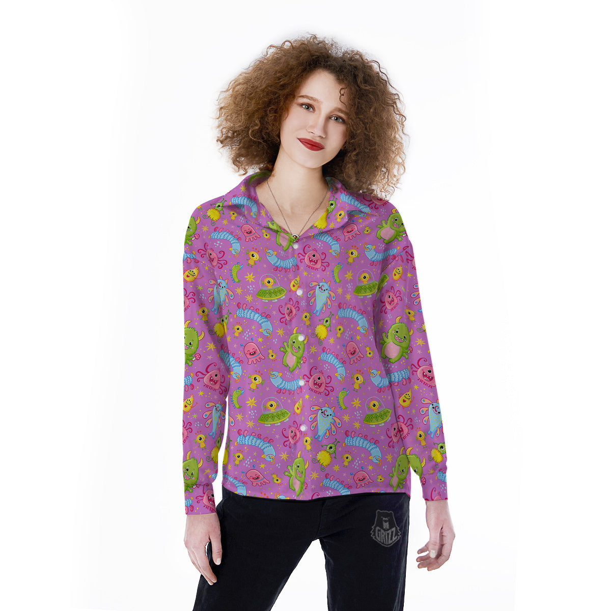 Pink Alien And Cute Monsters Print Pattern Women's Long Sleeve Shirts-grizzshop