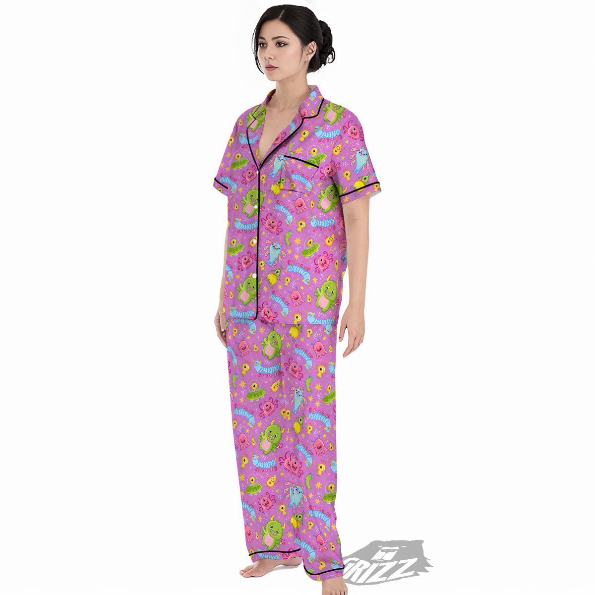 Pink Alien And Cute Monsters Print Pattern Women's Pajamas Set-grizzshop