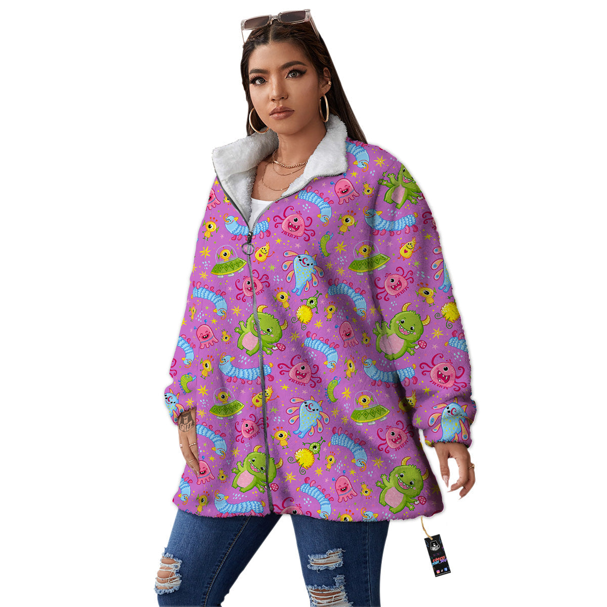Pink Alien And Cute Monsters Print Pattern Women's Sherpa Jacket-grizzshop