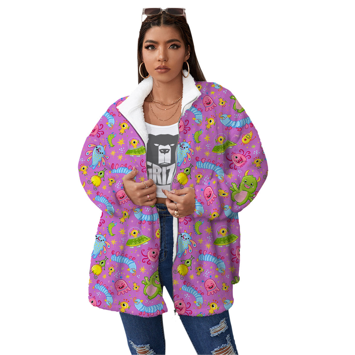 Pink Alien And Cute Monsters Print Pattern Women's Sherpa Jacket-grizzshop