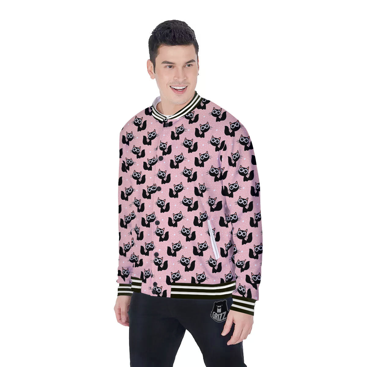 Pink And Black Cat Print Pattern Baseball Jacket-grizzshop