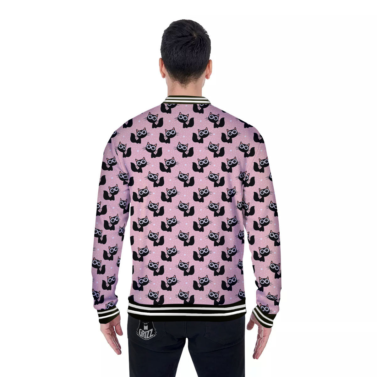 Pink And Black Cat Print Pattern Baseball Jacket-grizzshop