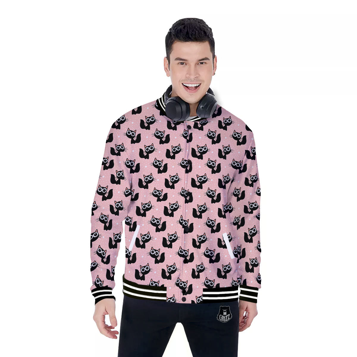 Pink And Black Cat Print Pattern Baseball Jacket-grizzshop