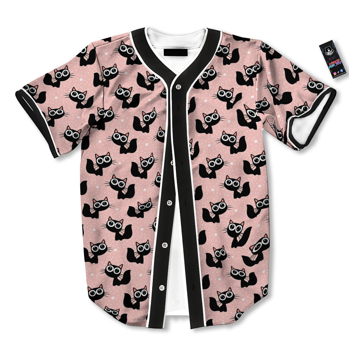 Pink And Black Cat Print Pattern Baseball Jersey-grizzshop