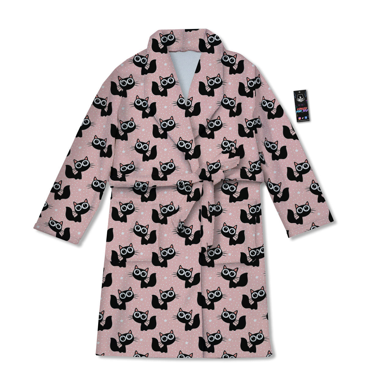 Pink And Black Cat Print Pattern Bathrobe-grizzshop