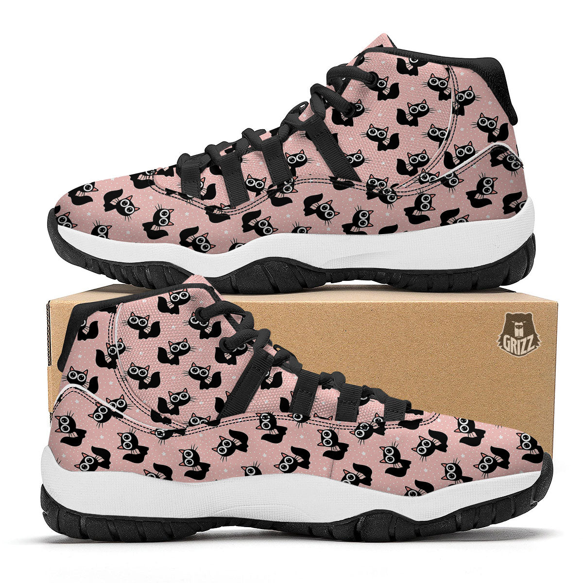 Pink And Black Cat Print Pattern Black Bball Shoes-grizzshop
