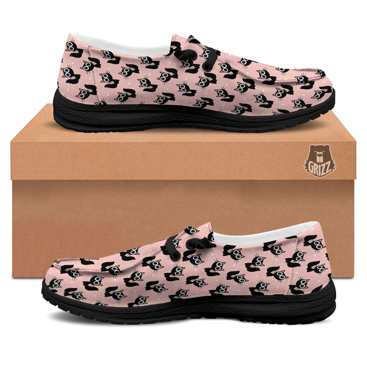 Pink And Black Cat Print Pattern Black Loafers-grizzshop