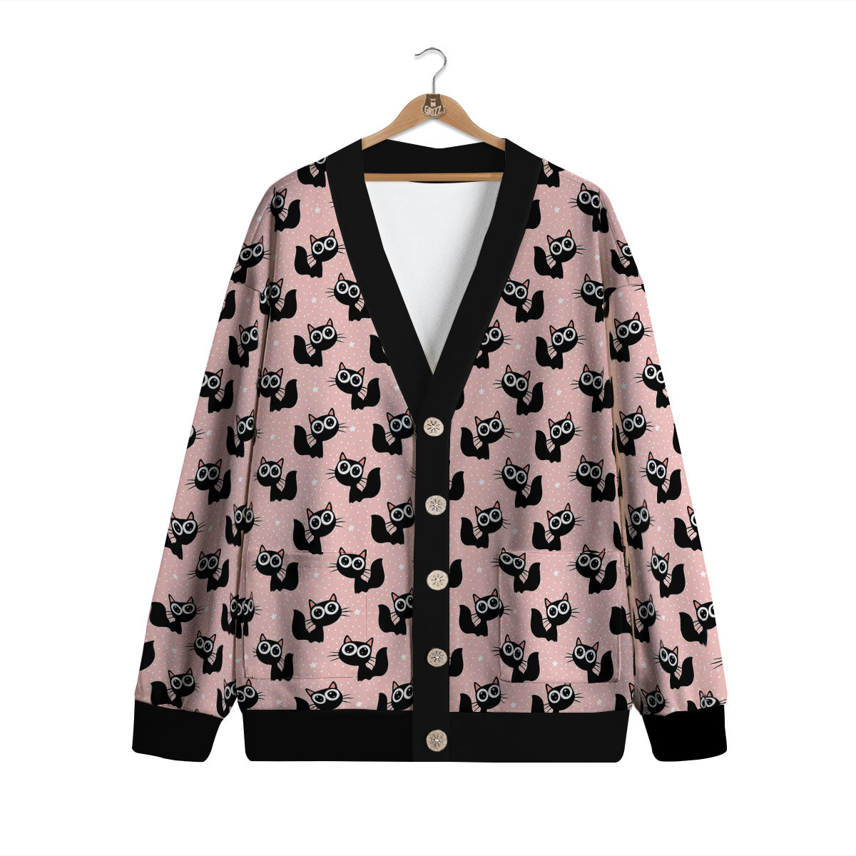 Pink And Black Cat Print Pattern Cardigan-grizzshop