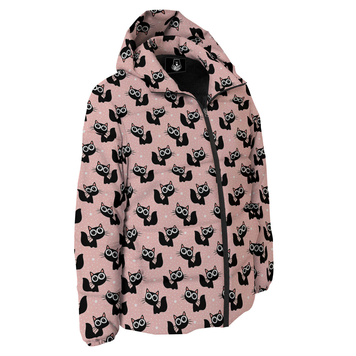 Pink And Black Cat Print Pattern Down Jacket-grizzshop