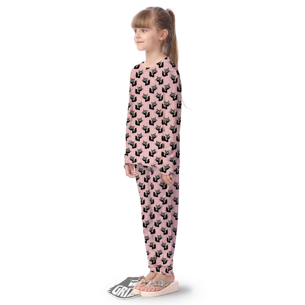 Pink And Black Cat Print Pattern Kid's Pajamas-grizzshop