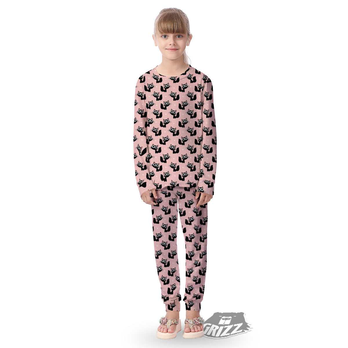 Pink And Black Cat Print Pattern Kid's Pajamas-grizzshop