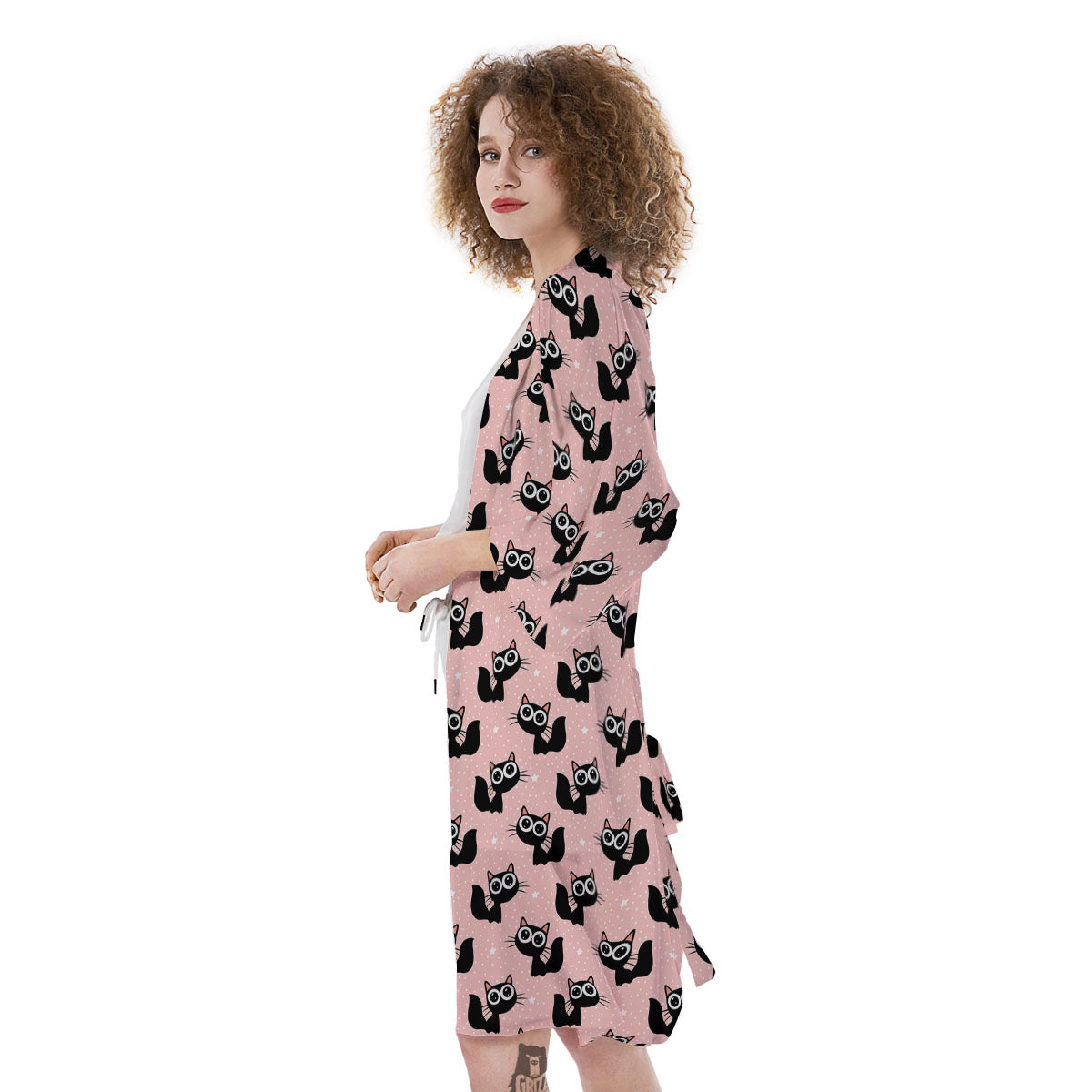Pink And Black Cat Print Pattern Kimono-grizzshop