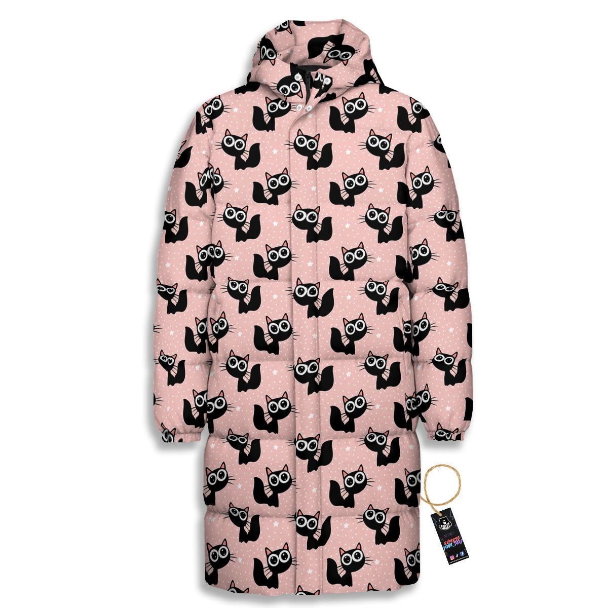Pink And Black Cat Print Pattern Long Down Jacket-grizzshop