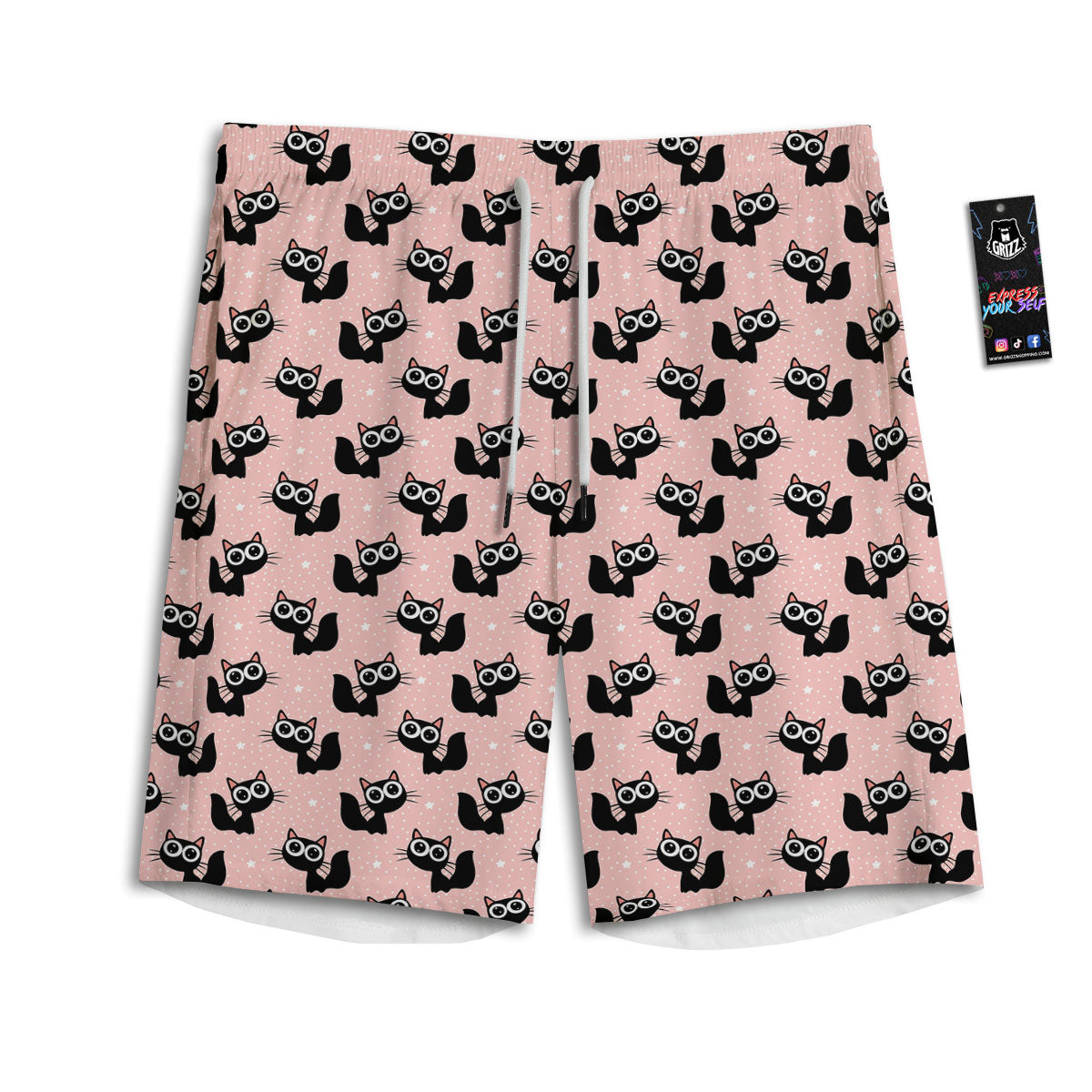 Pink And Black Cat Print Pattern Men's Athletic Shorts