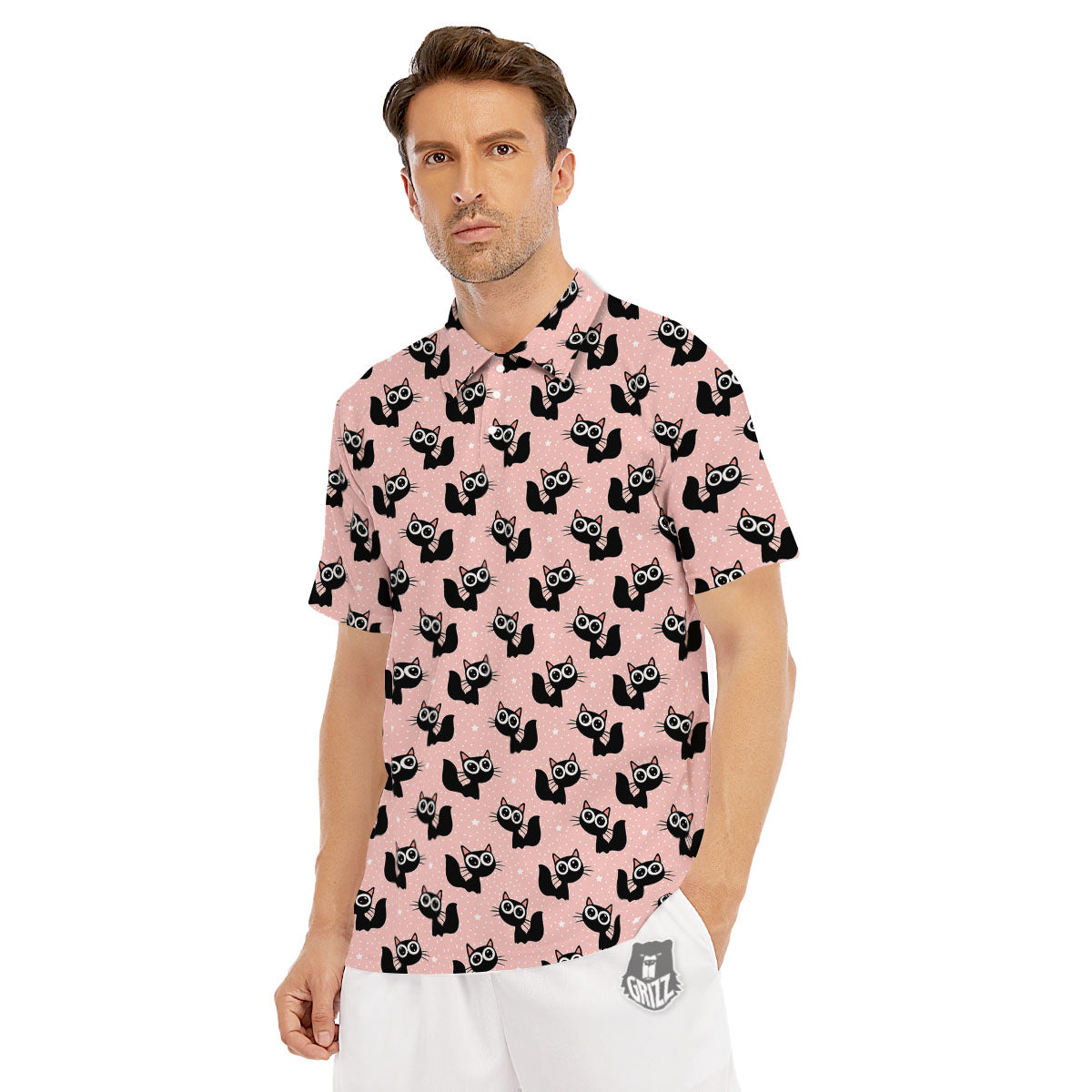 Pink And Black Cat Print Pattern Men's Golf Shirts-grizzshop