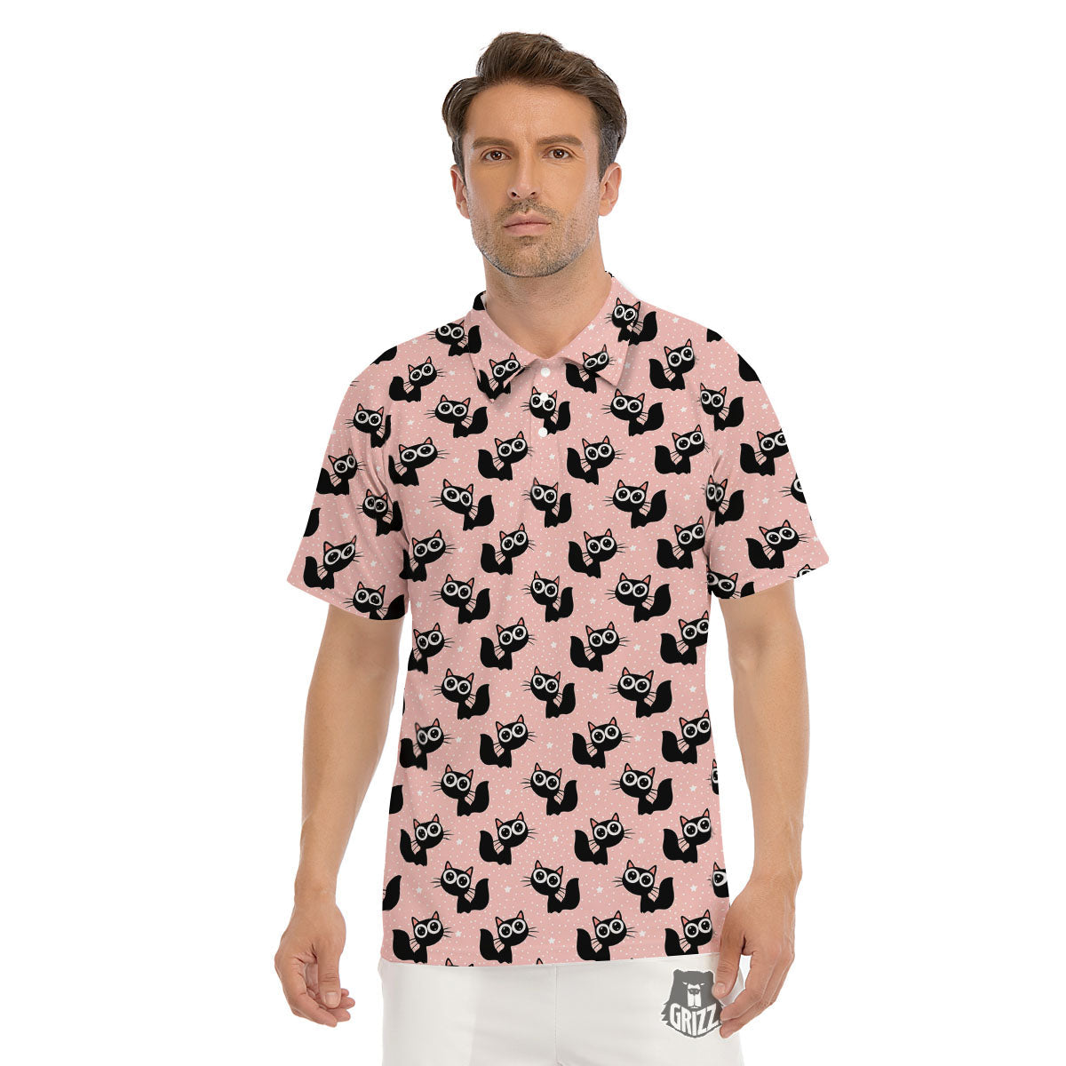 Pink And Black Cat Print Pattern Men's Golf Shirts-grizzshop