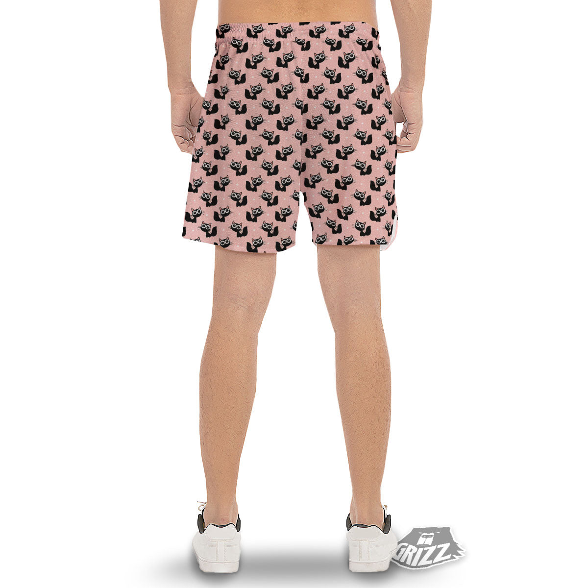 Pink And Black Cat Print Pattern Men's Gym Shorts-grizzshop