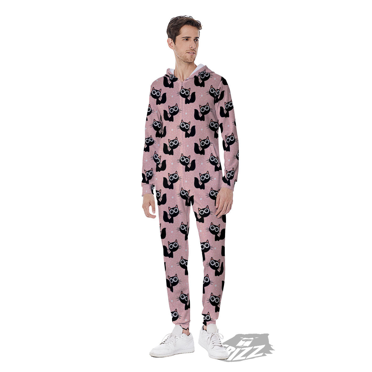 Pink And Black Cat Print Pattern Men's Jumpsuit-grizzshop