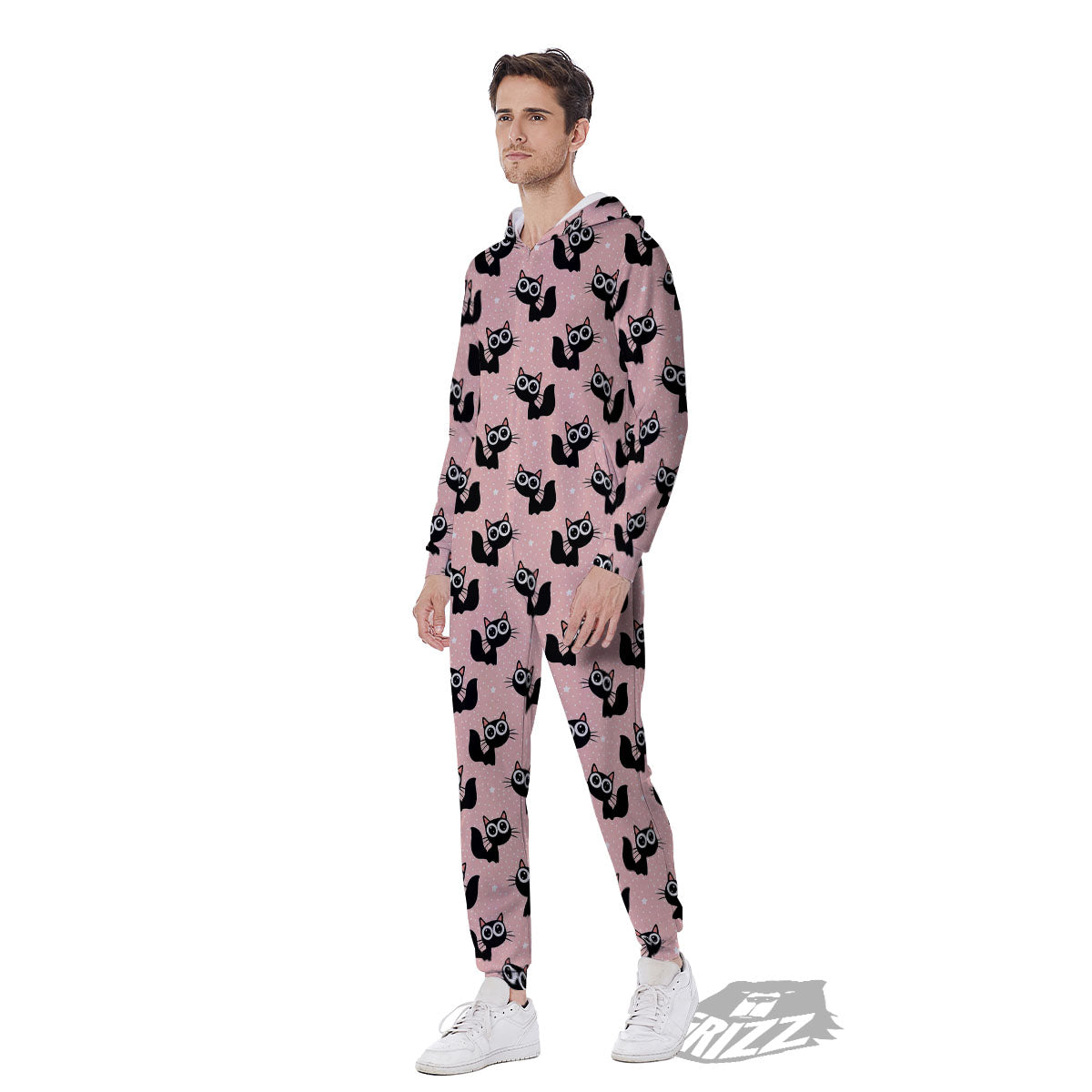 Pink And Black Cat Print Pattern Men's Jumpsuit-grizzshop