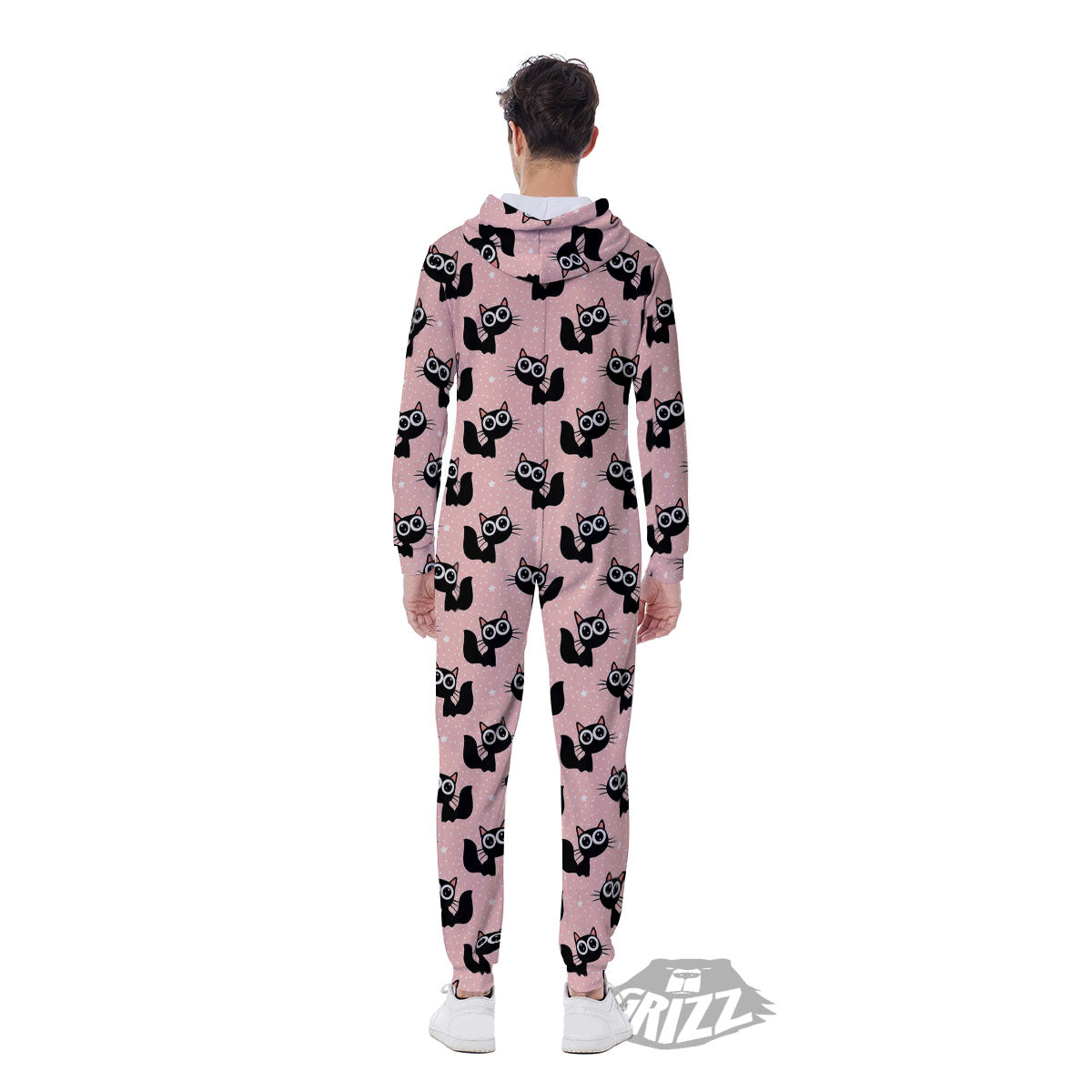 Pink And Black Cat Print Pattern Men's Jumpsuit-grizzshop