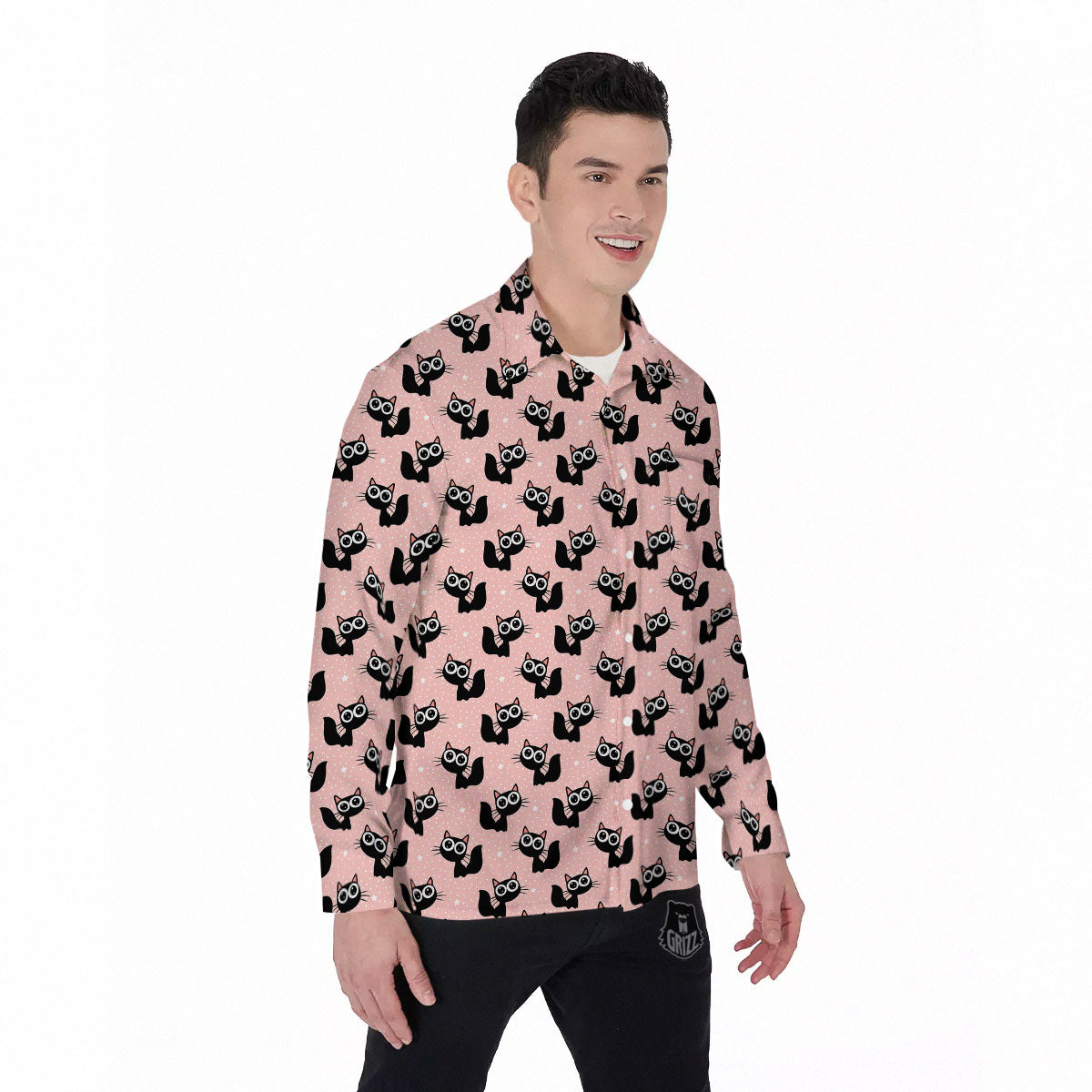 Pink And Black Cat Print Pattern Men's Long Sleeve Shirts-grizzshop
