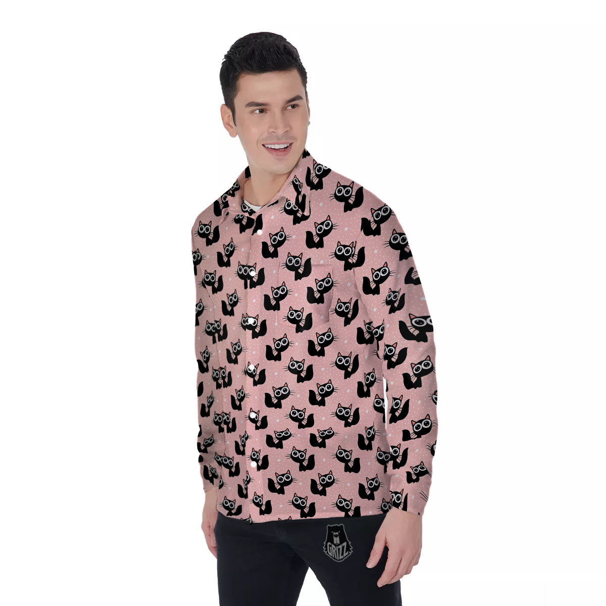 Pink And Black Cat Print Pattern Men's Long Sleeve Shirts-grizzshop