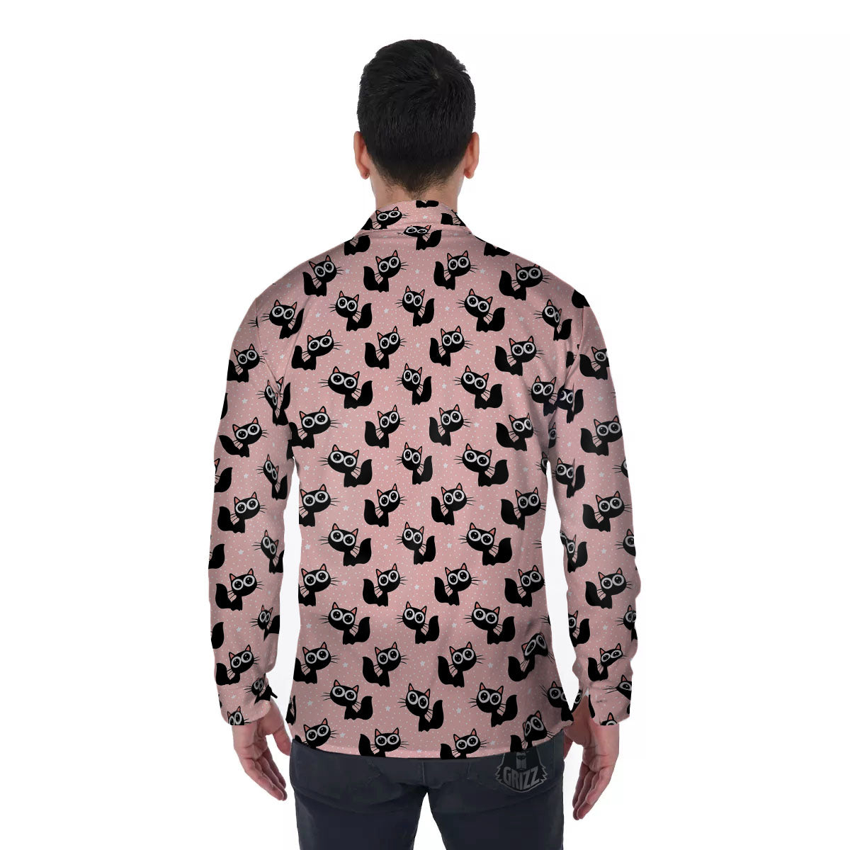 Pink And Black Cat Print Pattern Men's Long Sleeve Shirts-grizzshop