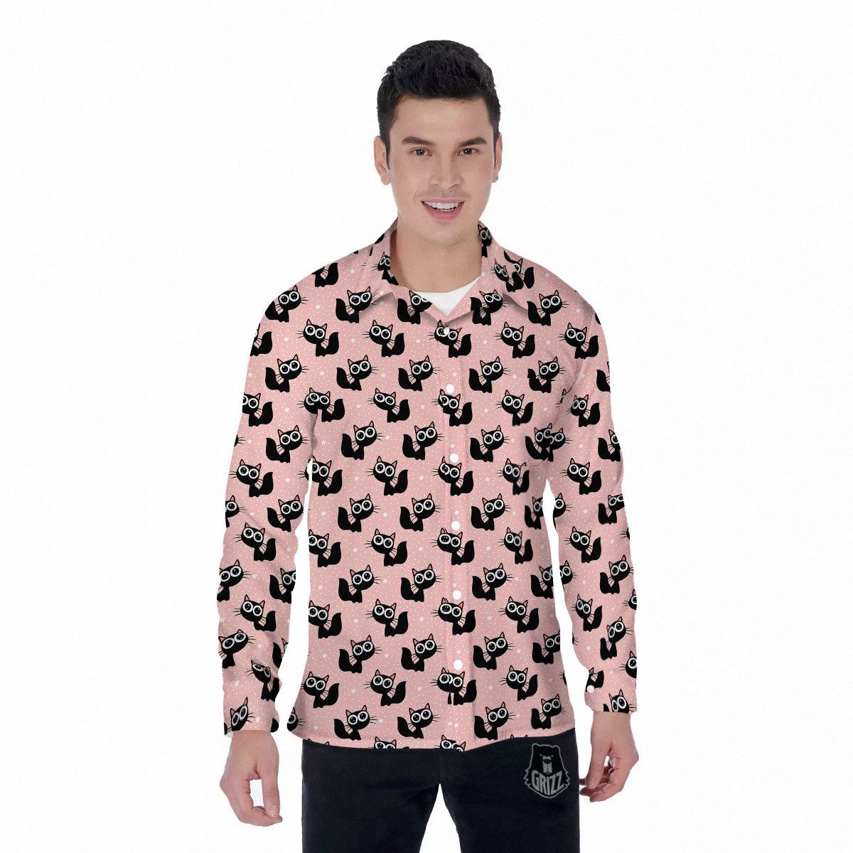 Pink And Black Cat Print Pattern Men's Long Sleeve Shirts-grizzshop