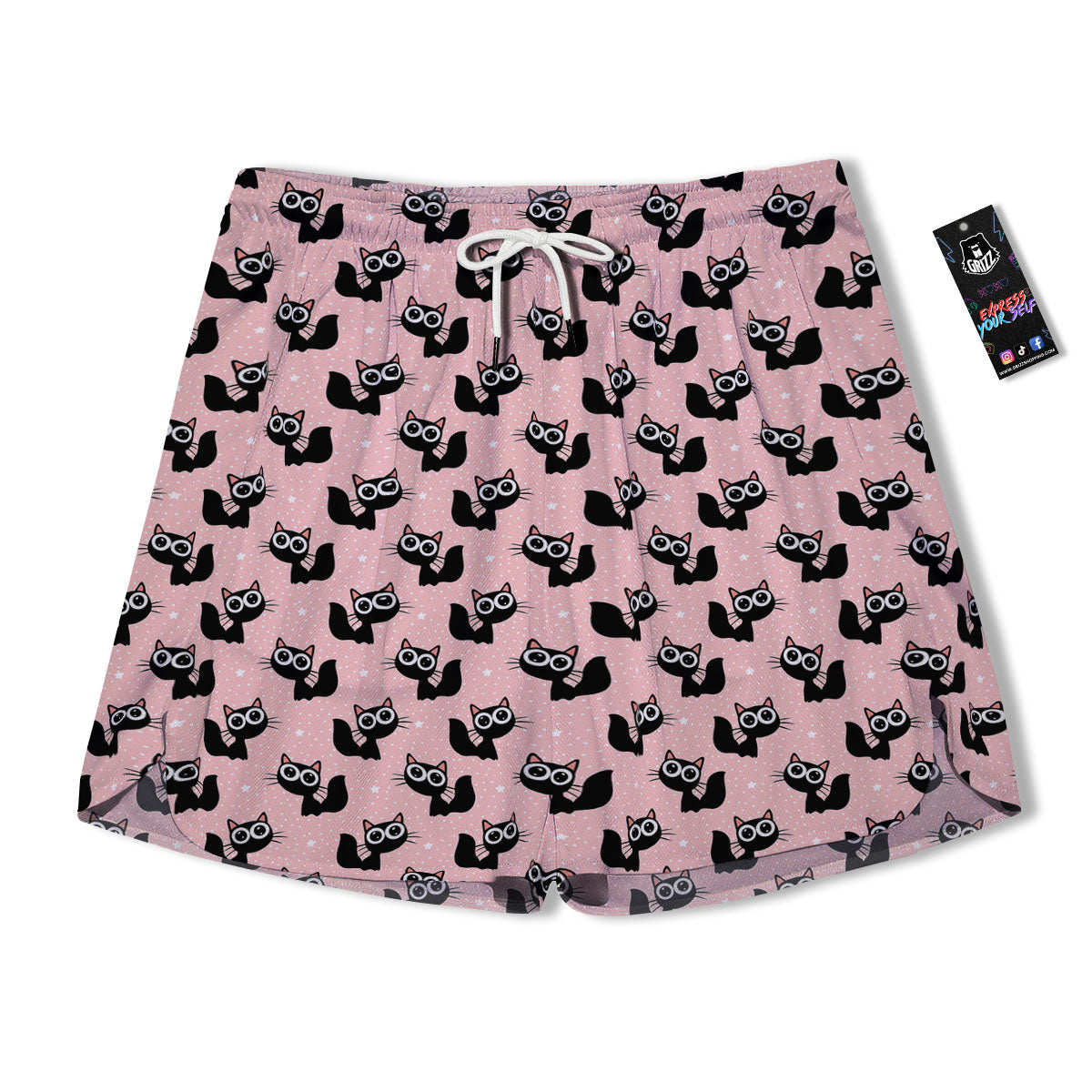 Pink And Black Cat Print Pattern Men's Running Shorts-grizzshop