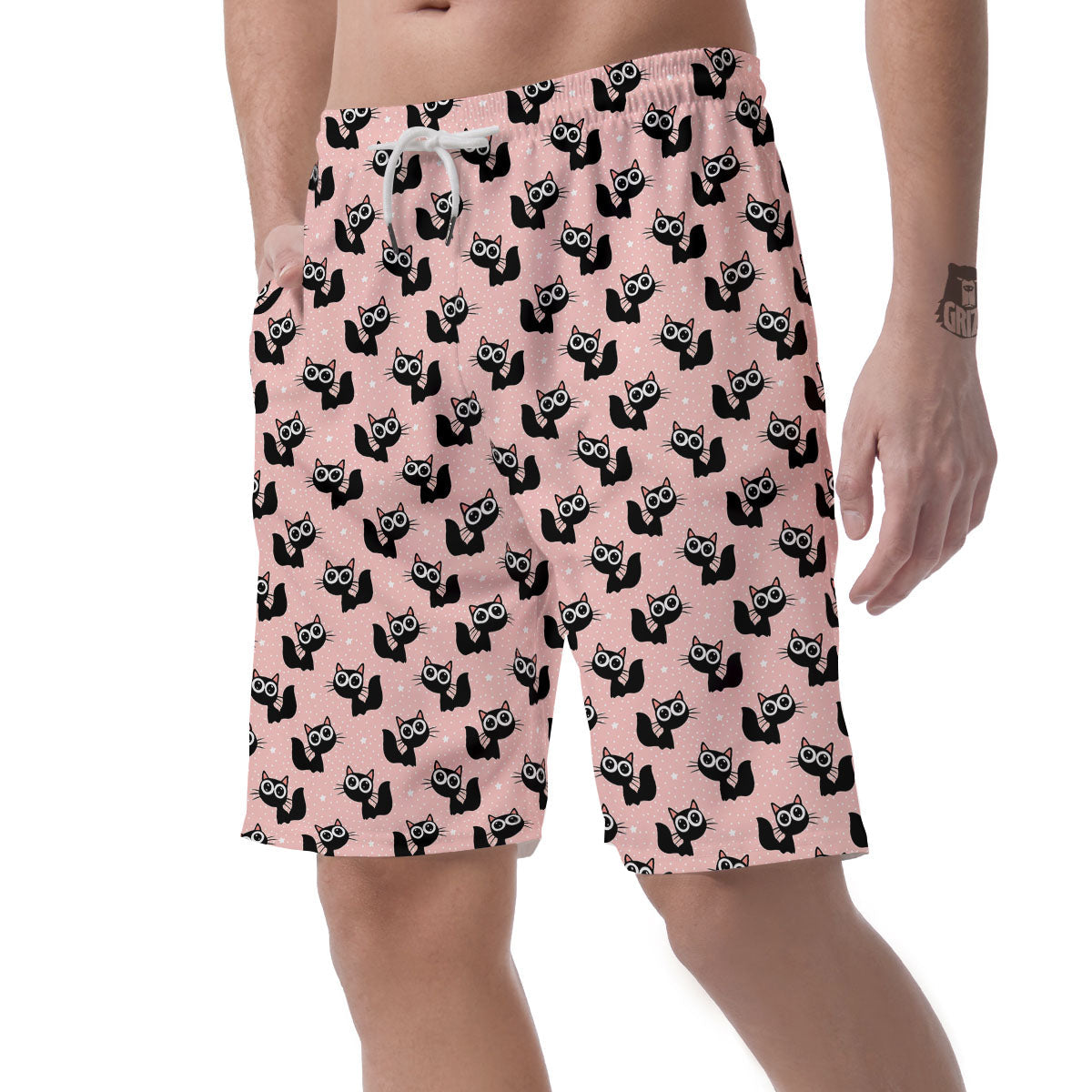 Pink And Black Cat Print Pattern Men's Shorts-grizzshop