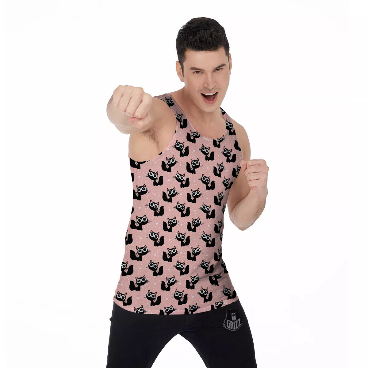 Pink And Black Cat Print Pattern Men's Tank Top-grizzshop