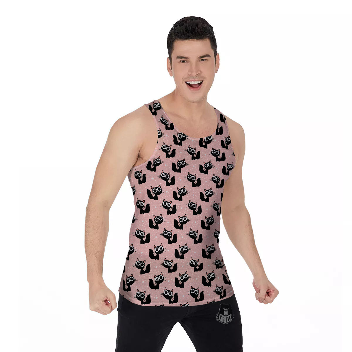 Pink And Black Cat Print Pattern Men's Tank Top-grizzshop