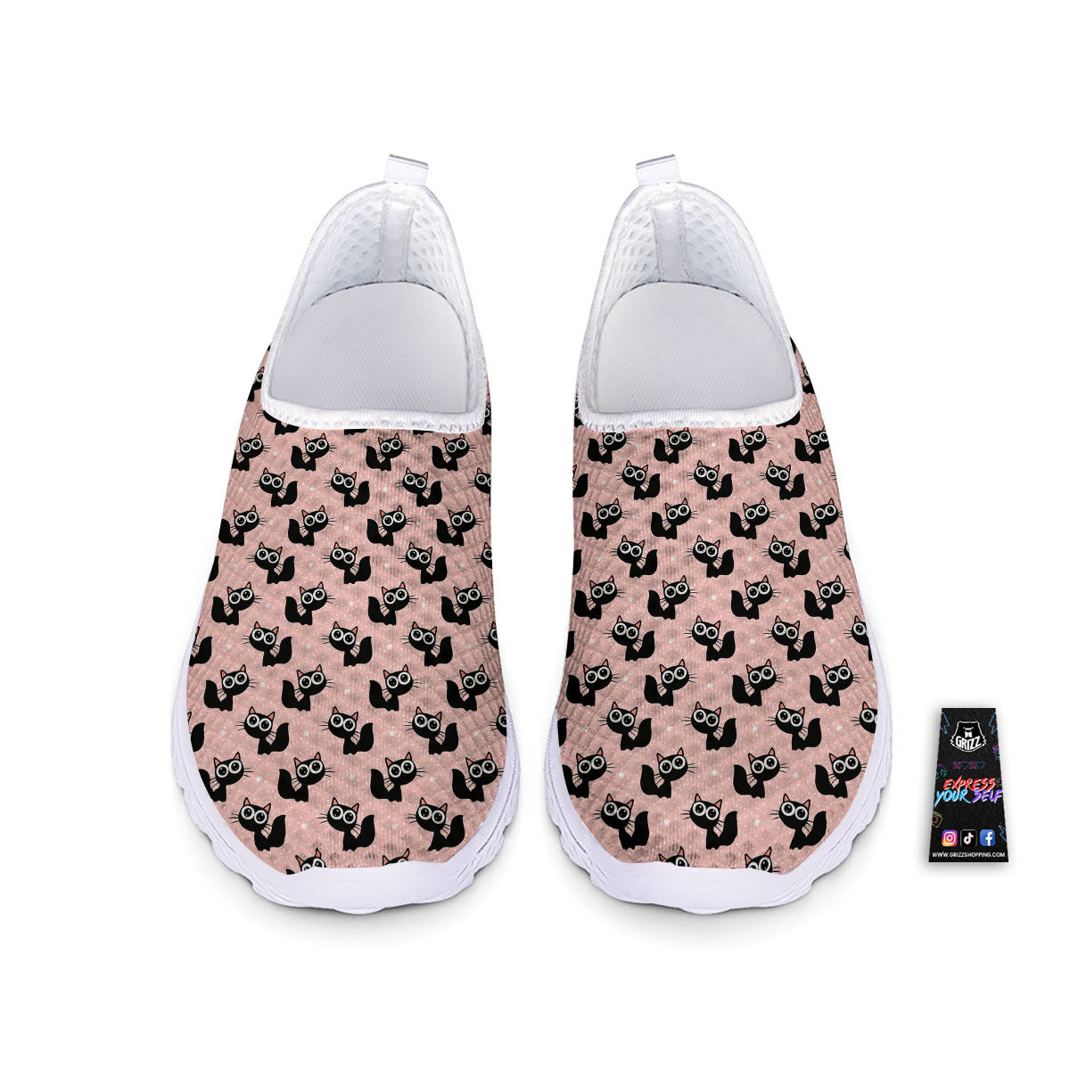 Pink And Black Cat Print Pattern Nurse Shoes-grizzshop