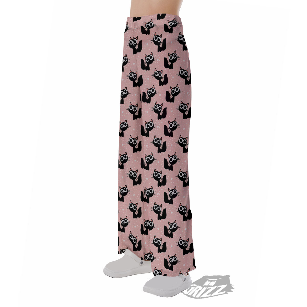 Pink And Black Cat Print Pattern Pajama Pants-grizzshop