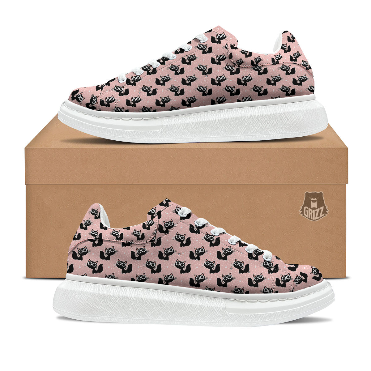 Pink And Black Cat Print Pattern Platform Shoes-grizzshop