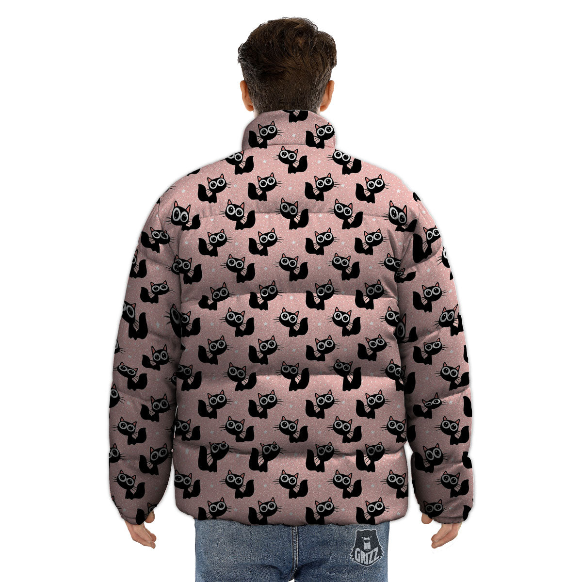 Pink And Black Cat Print Pattern Puffer Jacket-grizzshop