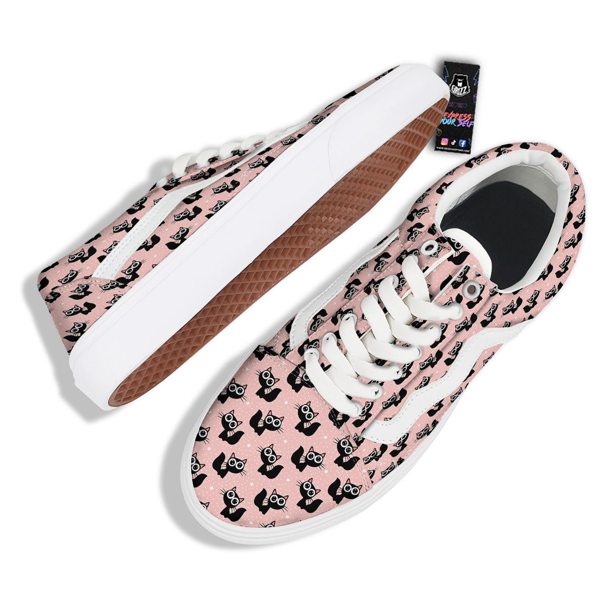 Pink And Black Cat Print Pattern Skate Shoes-grizzshop