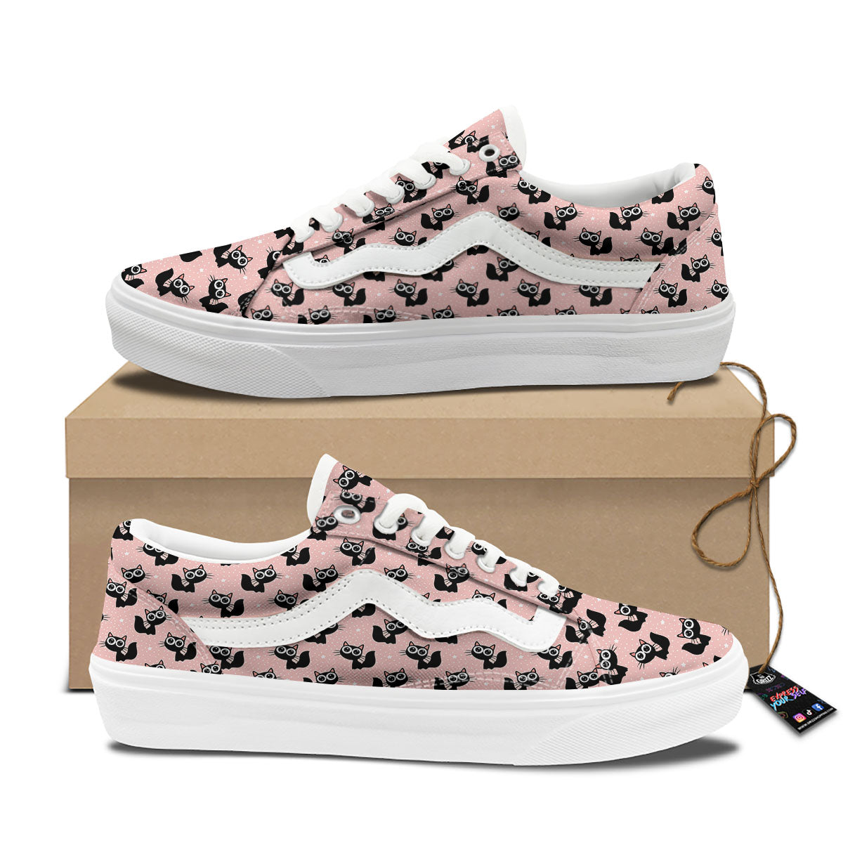 Pink And Black Cat Print Pattern Skate Shoes-grizzshop