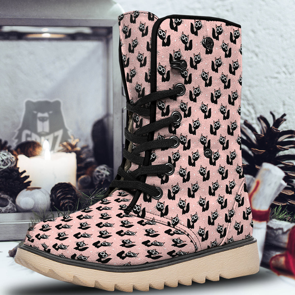 Pink And Black Cat Print Pattern Snow Boots-grizzshop