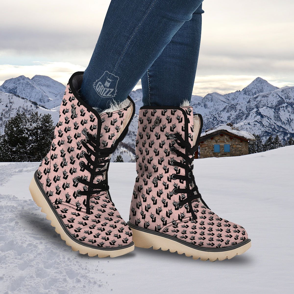 Pink And Black Cat Print Pattern Snow Boots-grizzshop