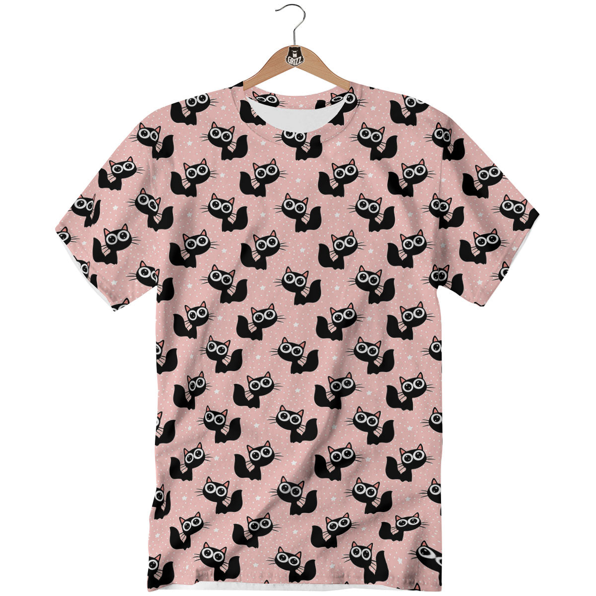 Pink And Black Cat Print Pattern T-Shirt-grizzshop