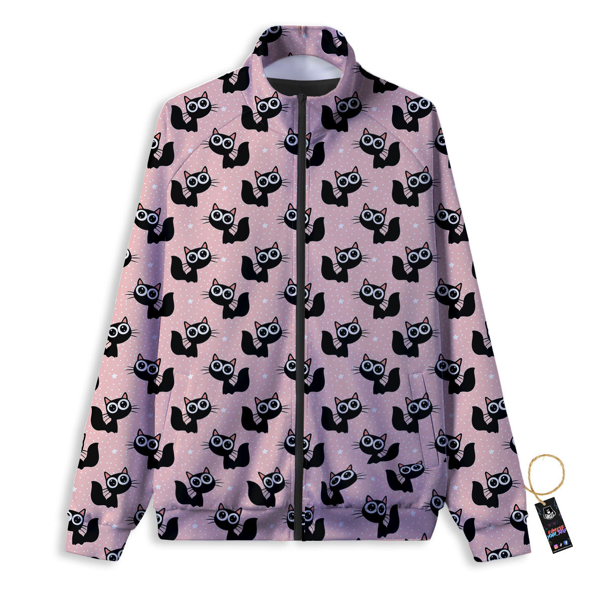 Pink And Black Cat Print Pattern Track Jacket-grizzshop