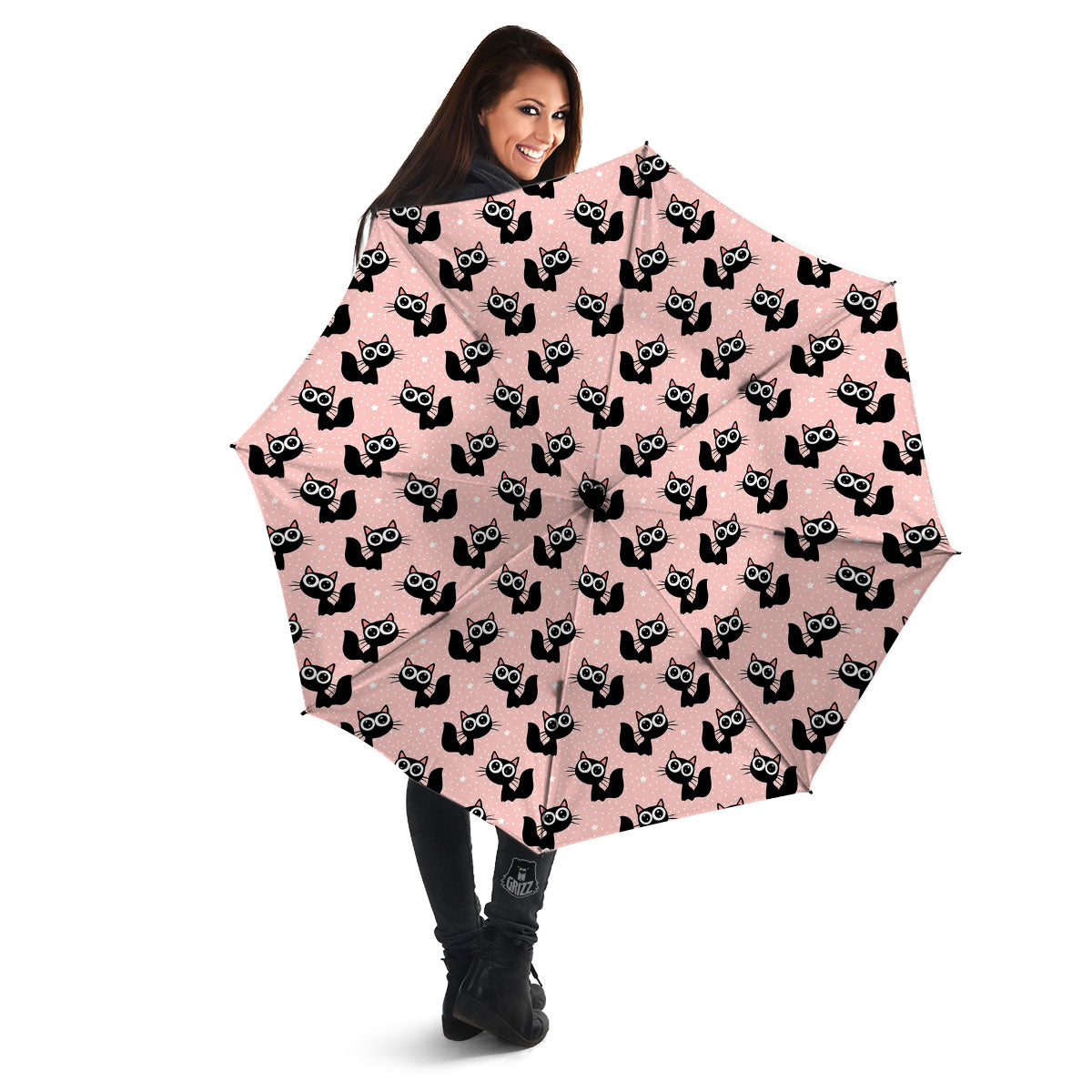 Pink And Black Cat Print Pattern Umbrella-grizzshop